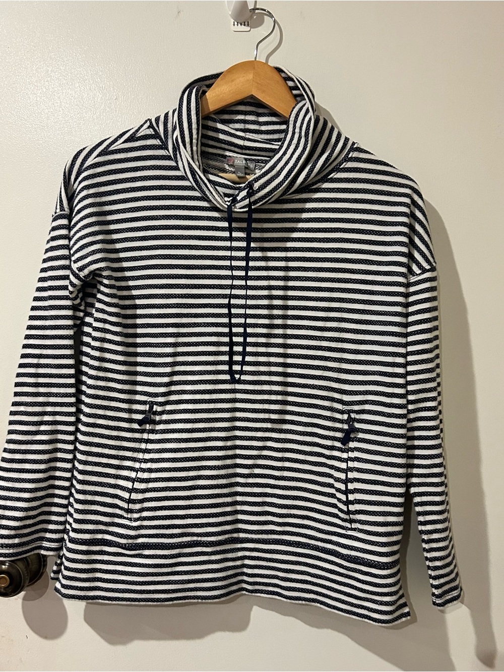 Talbots Navy & White Striped nautical coastal Cowl Neck Pullover size petite s